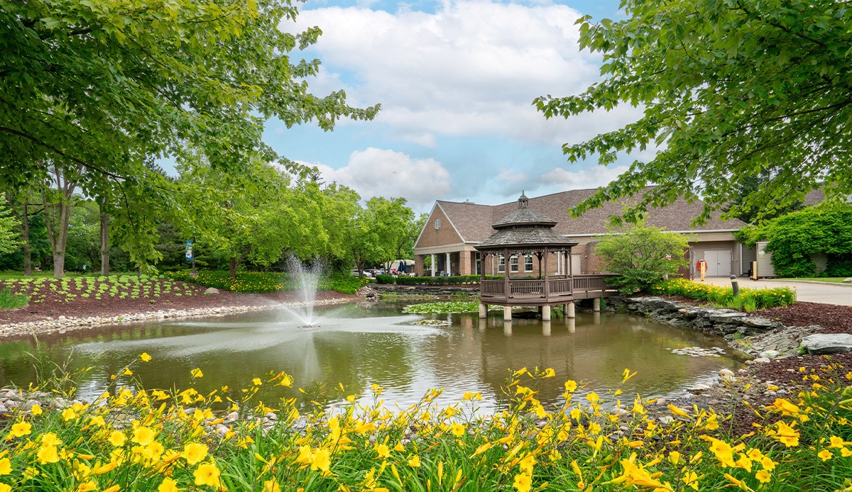 serene pond with a fountain in front of a charming house, surrounded by greenery.
